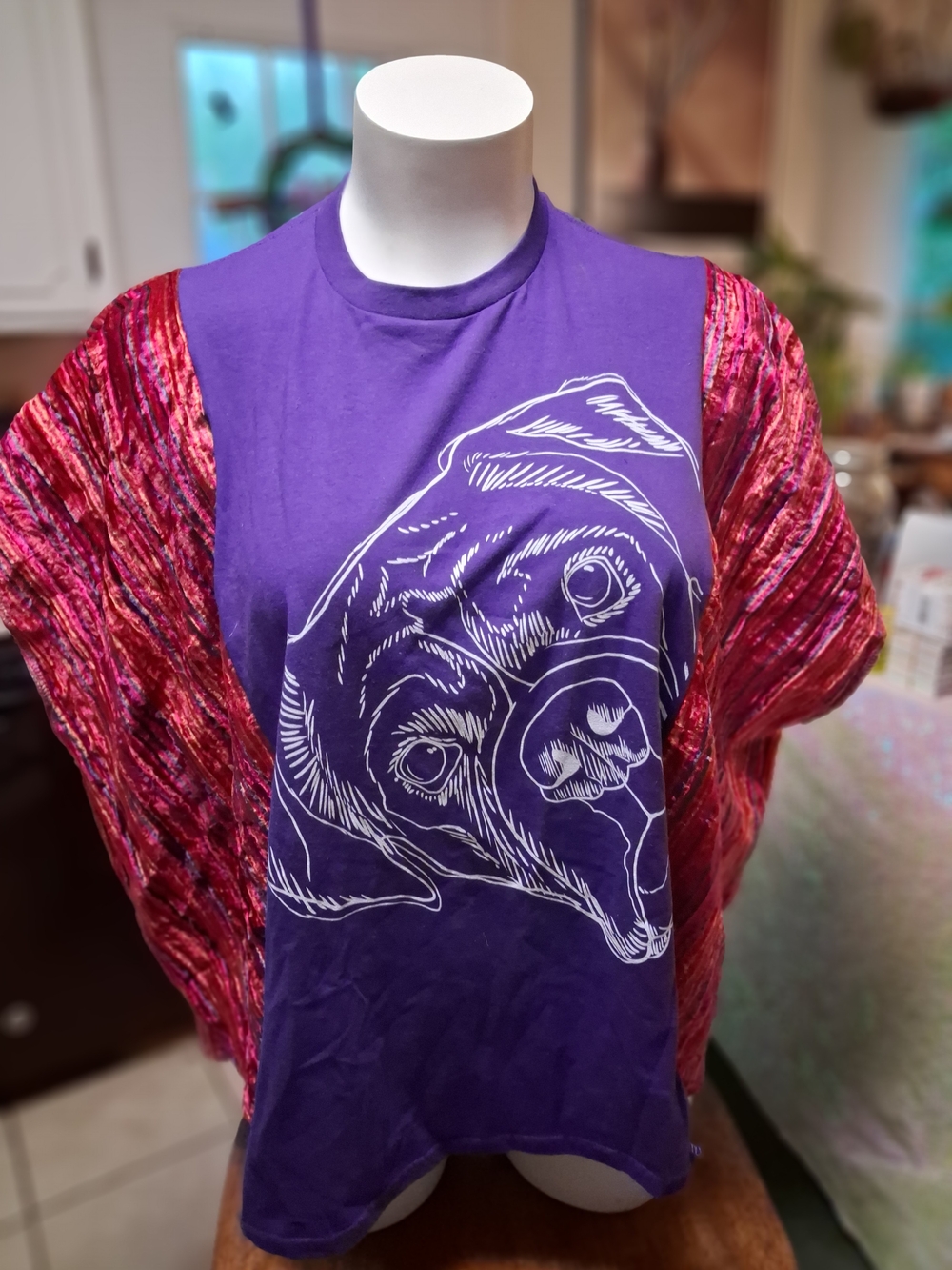 OOAK Upcycled Curious Pug Poncho With Velvet Sleaves (0-6x)